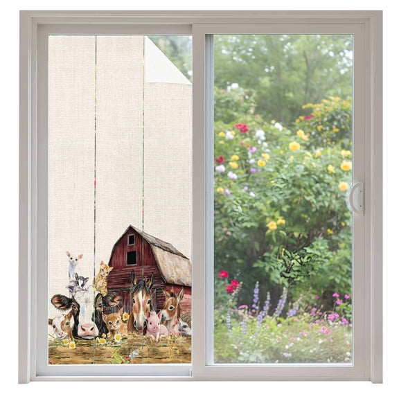 Farm Window Privacy Film Barn Horse Sheep Cat Animal Country Retro Linen Background Decorative Glass Window Film UV Blocking Static Cling Non-Adhesive Sticker Covering for Home Door 35.4x78.7 inches