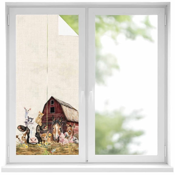 Farm Window Privacy Film Barn Horse Sheep Cat Animal Country Retro Linen Background Decorative Glass Window Film UV Blocking Static Cling Non-Adhesive Sticker Covering for Door 17.7 x 39.3 inches
