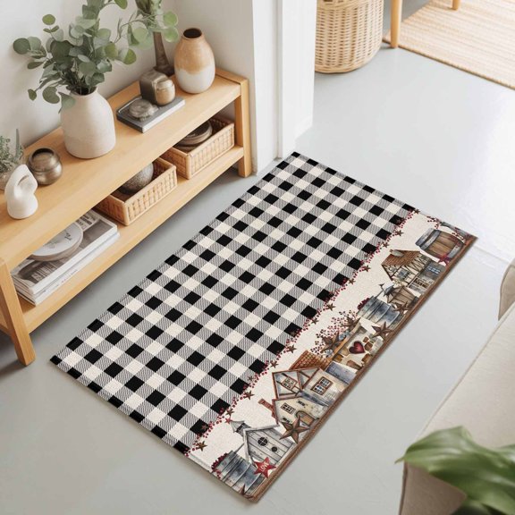 Farm Wooden House Black Buffalo Plaid Rectangle Area Rug 2x3ft,Living Room Rug Non-Slip Washable Circle Rugs Pad,Western Star Soft Floor Carpet for Bedroom Dining Room