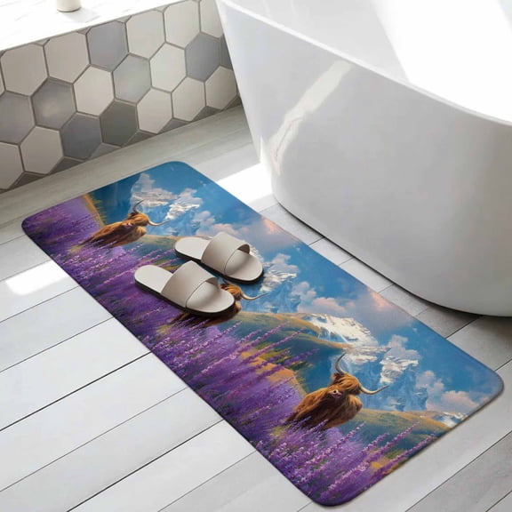 Farm Yak Bathroom Runner Rugs Non Slip Washable Absorbent Narrow Long Bath Mat Blue Sky Lavender Botanical Mountain Runner Rugs for Kitchen Hallway Bedroom Laundry Study Room 31.5"x63"