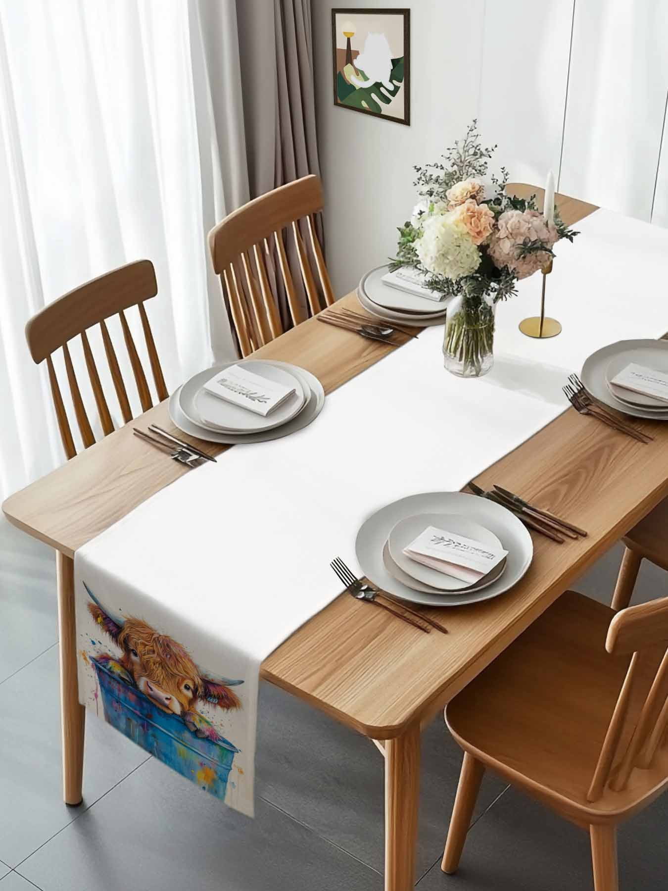 Farm Yak in Blue Bucket Table Runner 90 Inches Long, Abstract Farmhouse Animal Table Runners Tabletop Scarf Kitchen Dining Tables Decoration for Home Party Indoor Outdoor