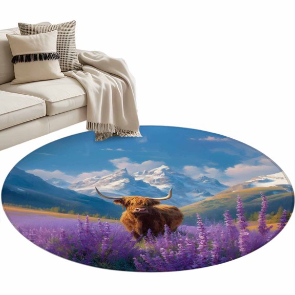 Farm Yak Round Rug 3ft Washable Circle Entryway Rugs Non Slip Blue Sky Lavender Botanical Mountain Area Rug Indoor Floor Carpet for Bedroom Kitchen Living Room Home Office Dining Room Nursery