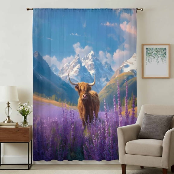 Farm Yak Sheer Curtains 84 Inches Long for Living Room, Blue Sky Lavender Botanical Mountain Light Filtering Privacy Drapes, Breathable Semi Sheer Window Treatment for Bedroom Dining Room
