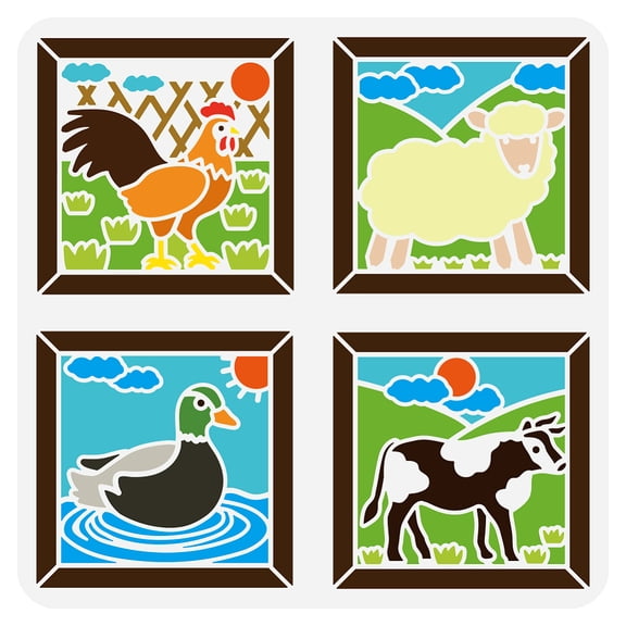 Farm Yard Stencil for Painting 11.8x11.8 inch Plastic PET Chicken Sheep Painting Stencil Hollowed Duck Cow Drawing Template Animal Theme Stencil