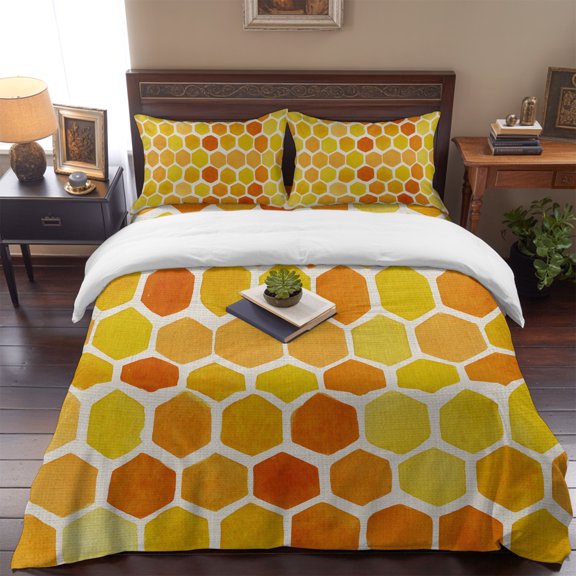 Farm Yellow Orange Honeycomb Queen Size Bed Set,Rustic Retro Burlap Bedding for All Seasons,4 Pcs Bed Set,1 Quiltcover (90"x90"),1 Sheet (90"x102"),2 Pillowcases (20"x30")