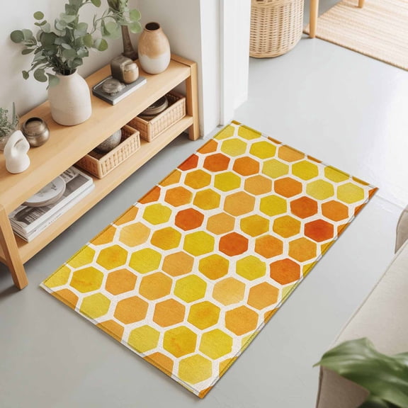 Farm Yellow Orange Honeycomb Rectangle Area Rug 2x3ft,Living Room Rug Non-Slip Washable Circle Rugs Pad,Rustic Retro Burlap Soft Floor Carpet for Bedroom Dining Room