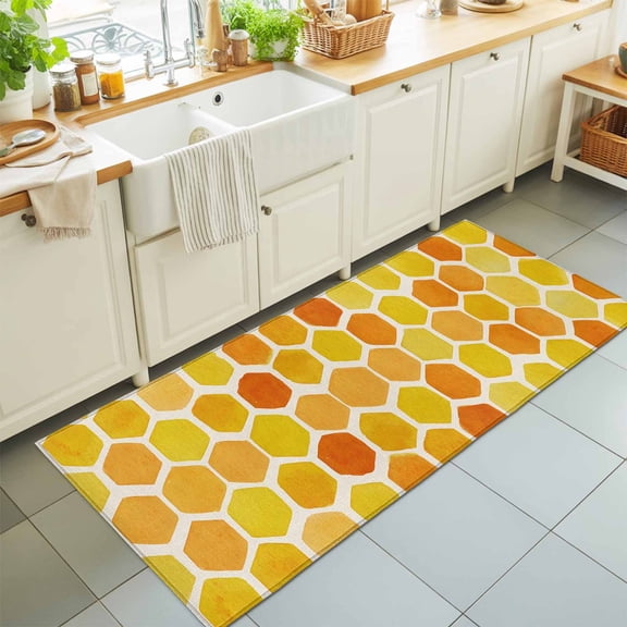Farm Yellow Orange Honeycomb Rectangle Area Rug 2x6ft,Living Room Rug Non-Slip Washable Circle Rugs Pad,Rustic Retro Burlap Soft Floor Carpet for Bedroom Dining Room