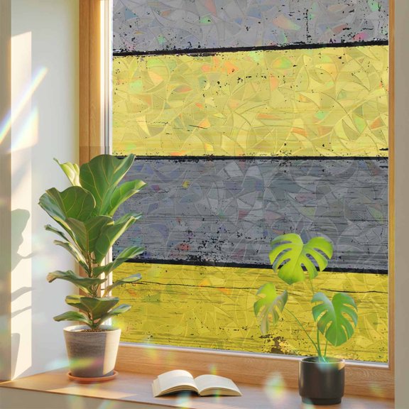 Farm Yellow Wood Board Window Privacy Film, Rainbow Film Decorative Window Sticker 17.7x39.3in, Vintage Gray Wooden Grain Sun Blocking Static Stained Glass Cling Tint Non-Adhesive