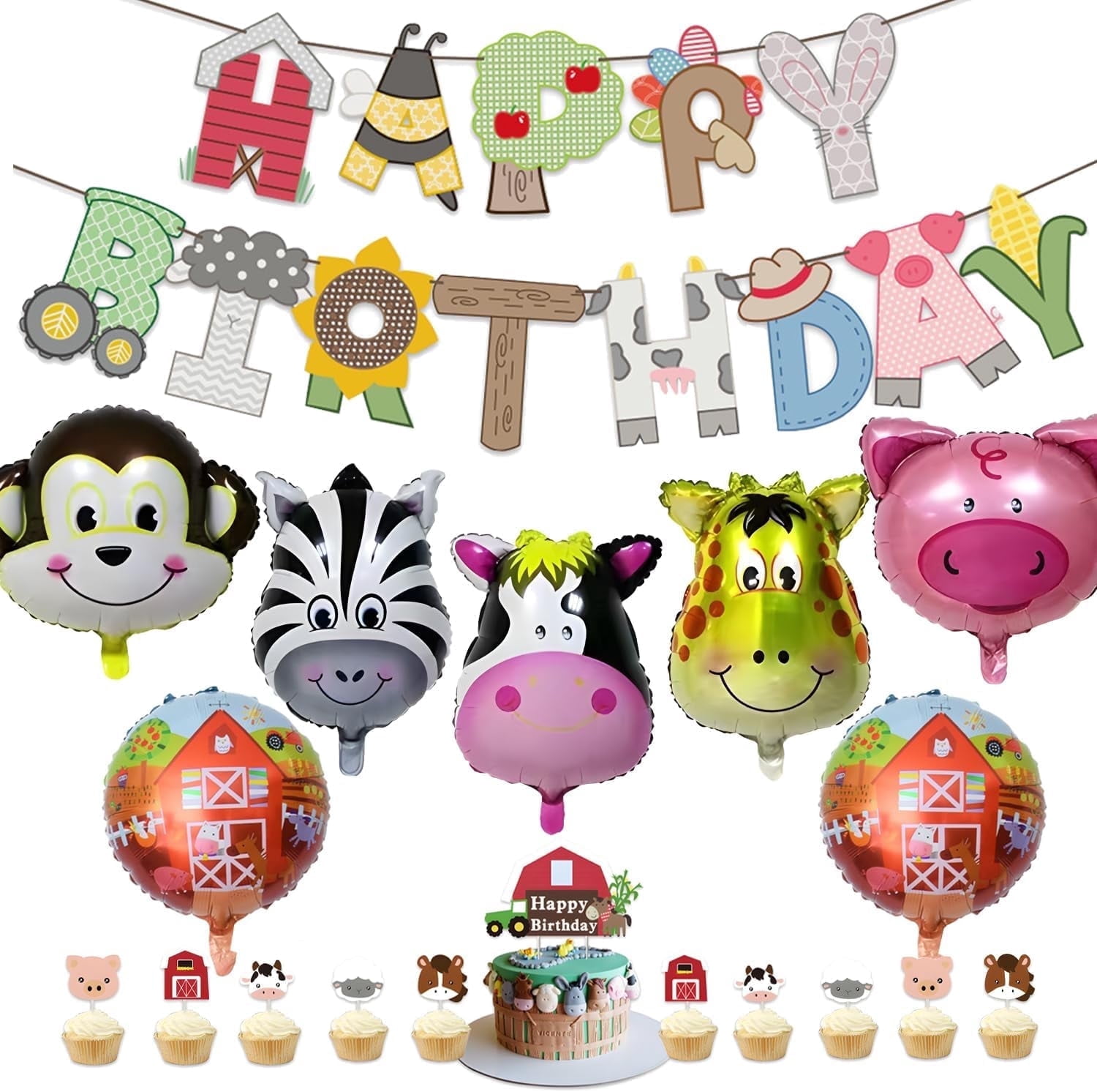 Happy Birthday – Ballons Animaux De La Ferme – Neuf, Emballage D'origine