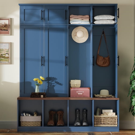 Farm house Hall Tree with Bench and Shoe Storage, 4-in-1 Entryway Organizer with Hooks  and and 4 Bottom Open Storage, Cabinets Coat Rack with Seating for Living Room, Hallway, Blue