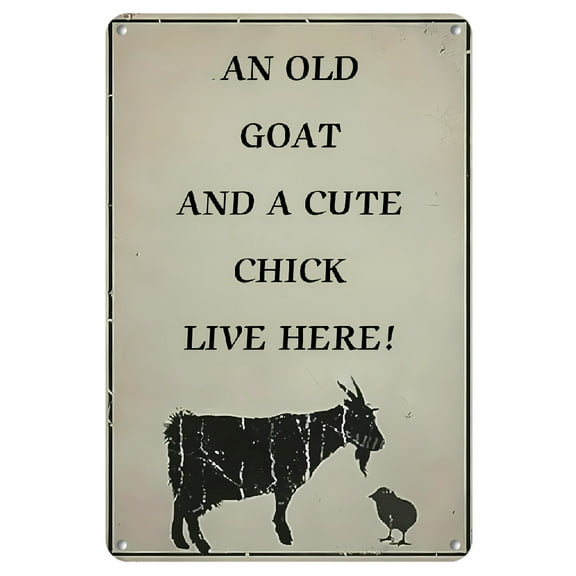 Farm-style Wall Hanging Metal Sign Here Lived An Old Goat and A Cute Chick - Victorian Style Farmhouse Mural, English Text, Multifunctional Home and Garden Decorative Sign & Plaques