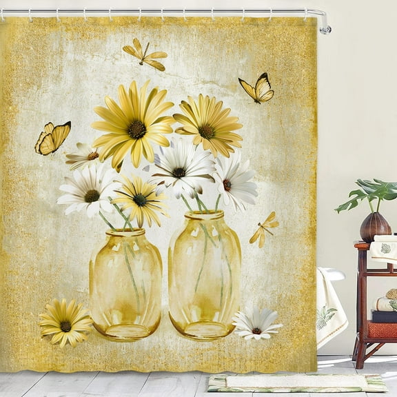 Farm teal Daisy flower and butterfly shower curtain for bathroom, fabric Boshibo shower curtain, 70X70IN