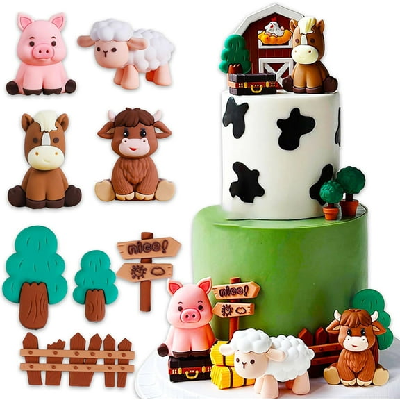 Farm-themed cake decoration set - 8-piece set of three-dimensional polymer clay animal scenes for birthday party decoration