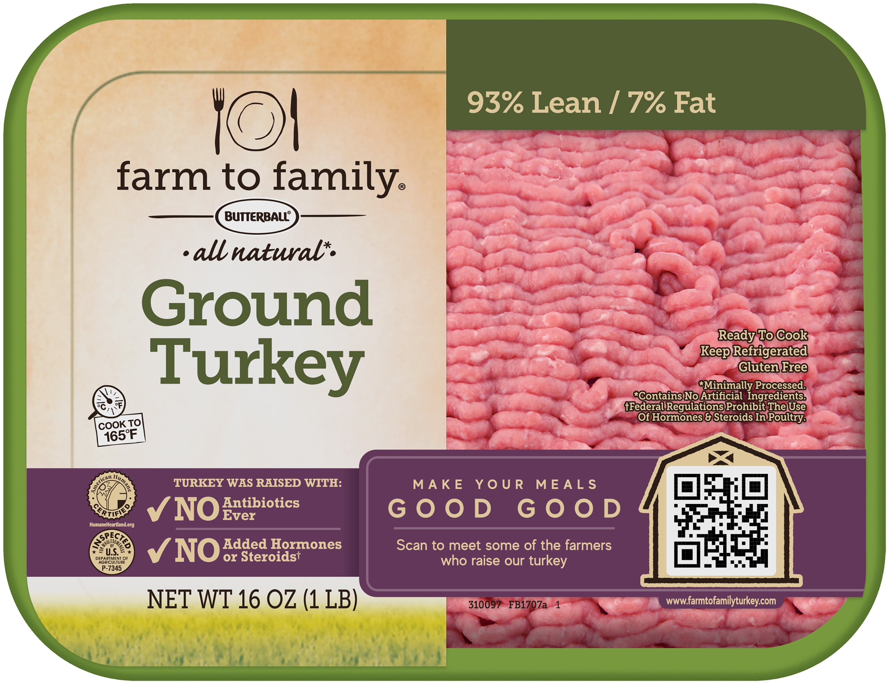 Farm to Family by Butterball 93%/7% Lean Ground Turkey, No Antibiotics ...