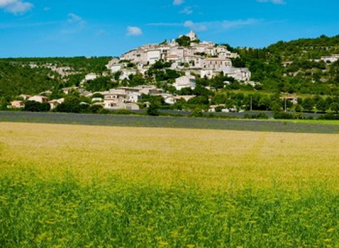 Farm with a town in the background Simiane-La-Rotonde Alpes-de-Haute-Provence Provence-Alpes-Cote dAzur France Canvas Art - Panoramic Images (36 x 27)