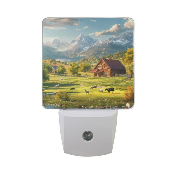 Farm with Cow and Sheep Night Light 2 Pack LED Nightlight Plug into Wall Dusk to Dawn Sensor Soft White
