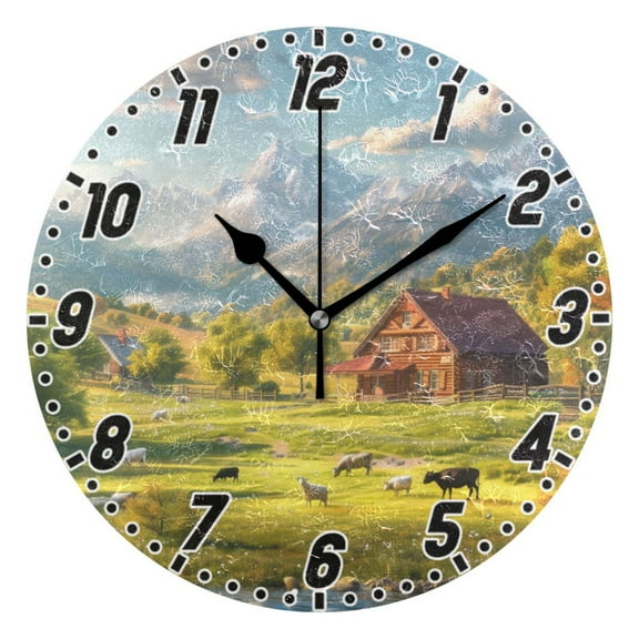 Farm with Cow and Sheep Wall Clock 9.8 inch Battery Operated Clocks Non-Ticking Silent for Bedroom Office Kitchen Living Room