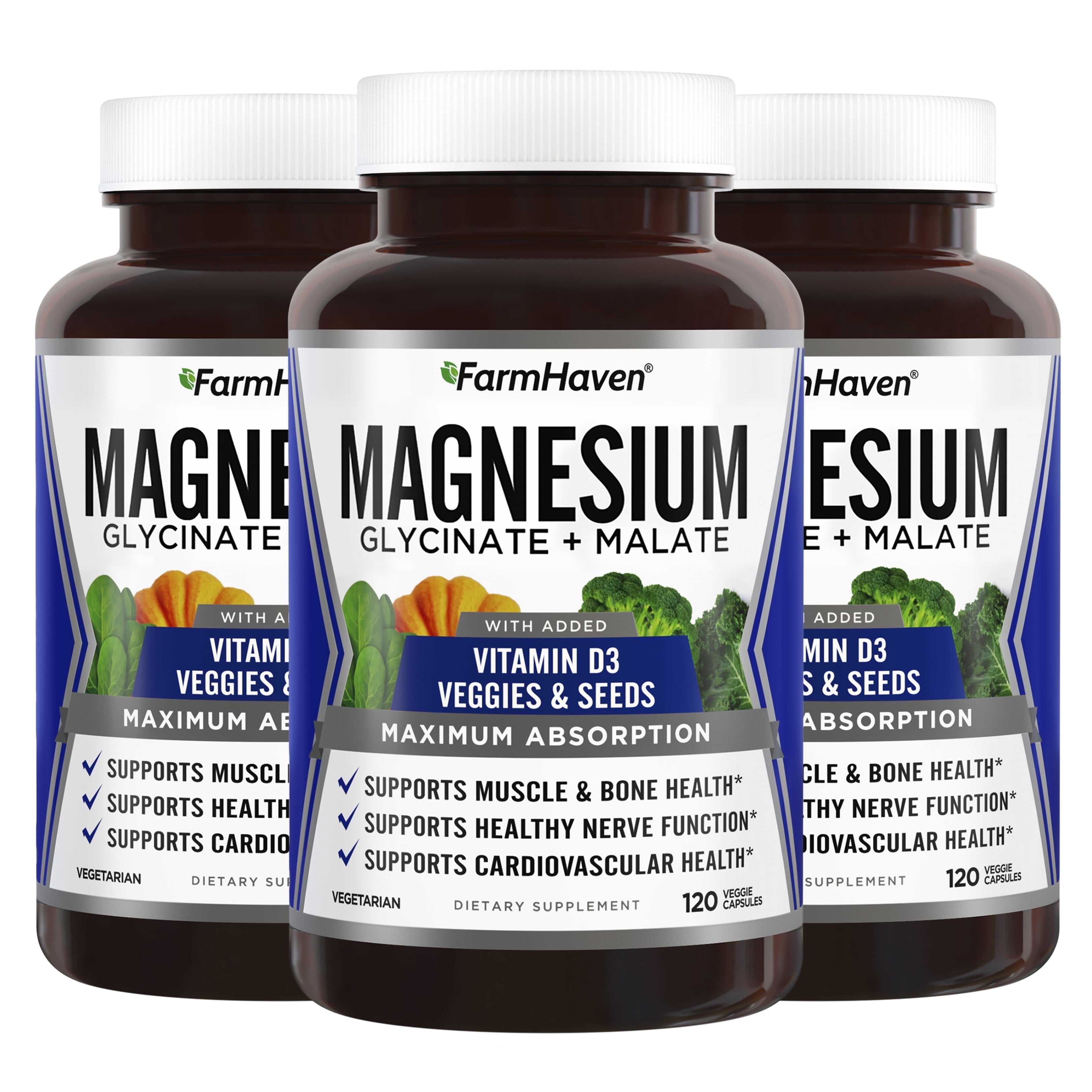 FarmHaven Magnesium Glycinate & Malate Complex w/ Vitamin D3, 100% Chelated for Max Absorption, Vegan – Bone Health, Leg Cramps, Nerves, Muscle Cramps, 360 Capsules, 180 Days