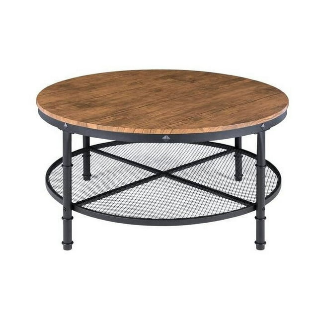 FarmHome Industrial Wood Steel Coffee Table 2Tier Round with Storage Shelves