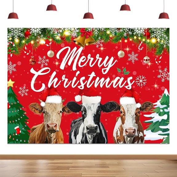 FarmJoy Cow Background Cloth 5 x 6.9 ft Holiday Party Backdrop Banner Red Merry Christmas Decor Farm Animal Celebration Photo Wall Indoor Outdoor Festive Event Supplies Vinyl Corner Grommets White