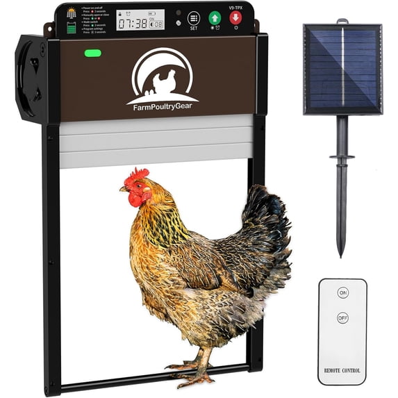 FarmPoultryGear Automatic Chicken Coop Door, Solar Powered Auto Opener with Timer, Remote Control & LCD Screen, Light Sensor, Anti-Pinch Design for Poultry, Aluminum Door, Weatherproof, Multi-Mode