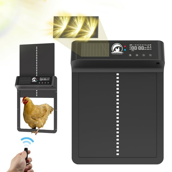 FarmPoultryGear Automatic Chicken Coop Door with Timer, Solar Powered & Light Sensor, Remote Control Poultry Chicken Doors, LCD Display Screen, Upgrade Anti-Pinch Function, Aluminum & Waterproof