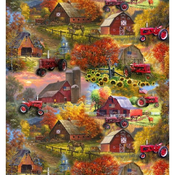 Cotton Farmall Barns Patriotic Farmers Country Tractors Autumn Leaves Sunflowers Officially Licensed by Sykel Enterprises Multicolor Cotton Fabric Print by the Yard (10525)