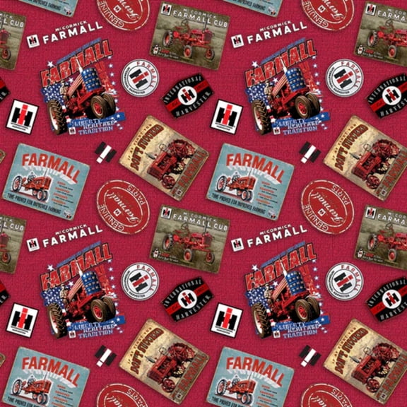 Farmall Tossed Farmall Logos 2 Red Burlap Cotton Farbic
