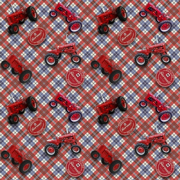 Farmall Tractors Toss On Plaid Cotton Fabric
