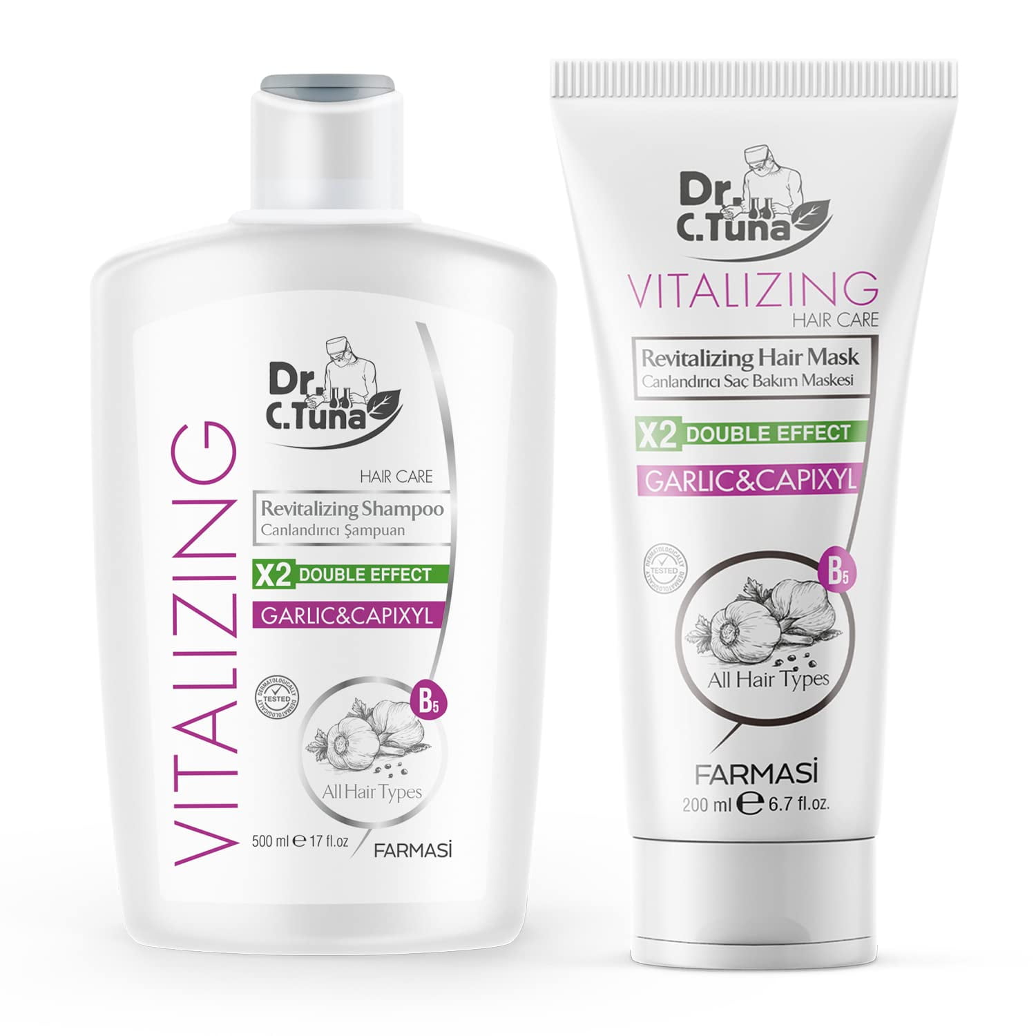 Farmasi Dr. C. Tuna Garlic & Capixyl Hair Strengthening Set – 17 fl oz Shampoo + 6.7 fl oz Hair Mask, Anti-Breakage & Scalp Support