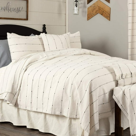 Farmcloth Stripe Queen Coverlet Bedspread, 94" X 94", Urban Rustic Farmhouse Bedding, Natural Cream Woven W/Black Stripes Blanket