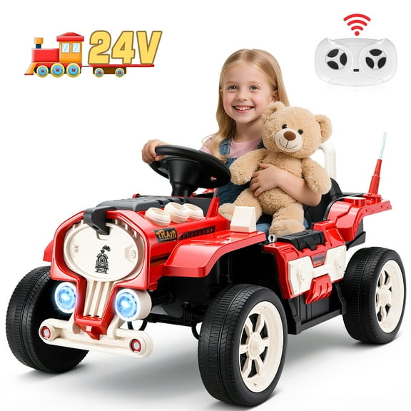 Farmdex 24 Volt Ride on Toys, Ride On Train Car for Toddlers with Parent Remote Control, Electric Car for Kids Aged 2-6, Spring Suspension, MP3, LED Lights, Bluetooth, Red