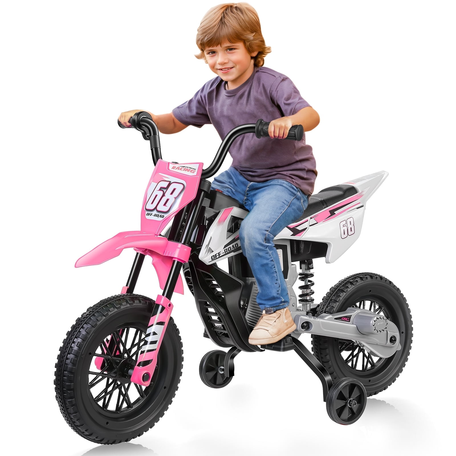 Farmdex 12V Electric Dirt Bike, Kids Ride on Motorcycle with 2 Training Wheels, Electric Motorcycle for Kids with Twist Grip Throttle, Built-in Music, 30W*2 Motors, Pink