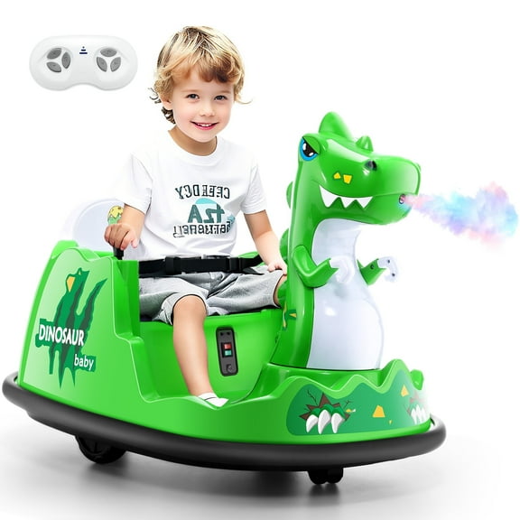 Farmdex 12V Dinosaur Bumper Car for Kids, Ride on Toys With Remote Control, 360 Degree Spin Electric Bumper Car for Toddler, Music, Spray, LED Lights, Age 2+, Green