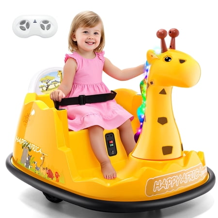 Farmdex 12V Giraffe Bumper Car for Kids, Ride on Toys With Remote Control, 360 Degree Spin Electric Bumper Car for Toddler, Music, Spray, LED Lights, Age 2+, Yellow