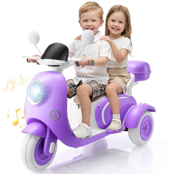 Farmdex 12V Kids Electric Motorcycle, 2 Seater Ride on Toys, 3 Wheel Ride on Motorcycle with Storage Box, USB, Music, LED Lights, Age 2+, Purple