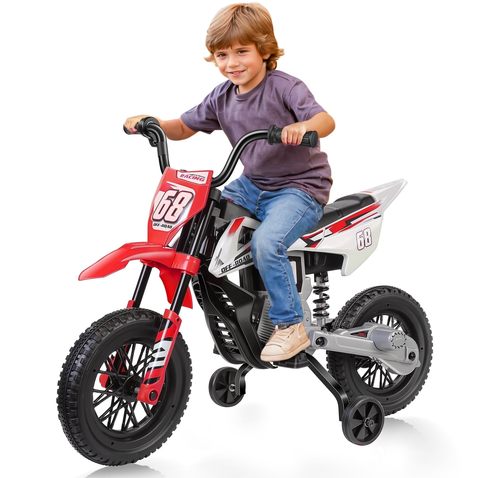 Red 12V Kids Electric Dirt Bike with Training Wheels