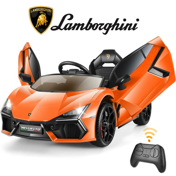 Farmdex 12v Licenced Lamborghini Ride on Car Toys with Remote Control, Electric Cars for Kids w/ 3 Speed, Swing-Up Scissor Door, LED Lights, Suspension, Bluetooth, Music, MP3, Orange