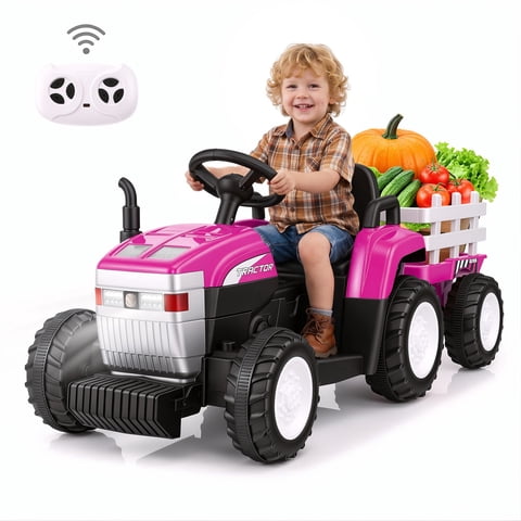Farmdex 24V Ride on Tractor with Detachable Trailer, Ride on Toys for Kids w/ Remote Control, Electric Cars for Kids, LED Lights, Bluetooth, Music, MP3, Pink