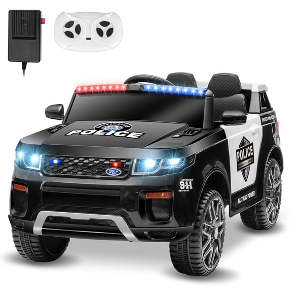 Funcid 12v Ride on Police Car Powered 2 Wheel Drive, Electric Ride on Toy for Kids 3-8 Years with Remote Control, Megaphone, Siren, Flashing Lights, Bluetooth, Music, Spring Suspension, Black