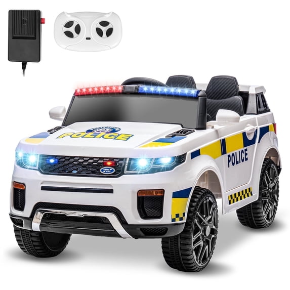 Funcid 12v Ride on Police Car Powered 2 Wheel Drive, Electric Ride on Toy for Kids 3-8 Years with Remote Control, Megaphone, Siren, Flashing Lights, Bluetooth, Music, Spring Suspension, White
