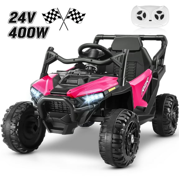 Funcid 24V Ride on Toys Ride on Cars with Remote Control, Electric Car for Kids, Power Car Wheels, UTV w/ 2*200W Motors, Bluetooth, Music, Lights, 3 Speeds, Battery Indicator, Rose Red