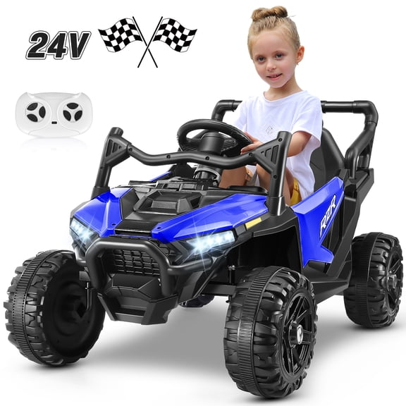 Funcid 24 Volt Ride on Toys, Kids Ride on Cars with Remote Control, 400W Powerful Electric Car for Kids, Ride on UTV w/ Bluetooth, Battery Indicator, Knob Volume Control, Spring Suspension, Blue