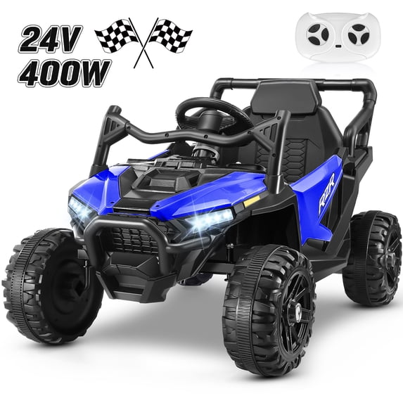 Funcid 24 Volt Ride on Toys with Remote Control & Battery Indicator, 400W Ride on UTV, Electric Car for Kids w/ Bluetooth, Music, LED Lights, Volume Adjustment Knob, 3 Speeds, Blue