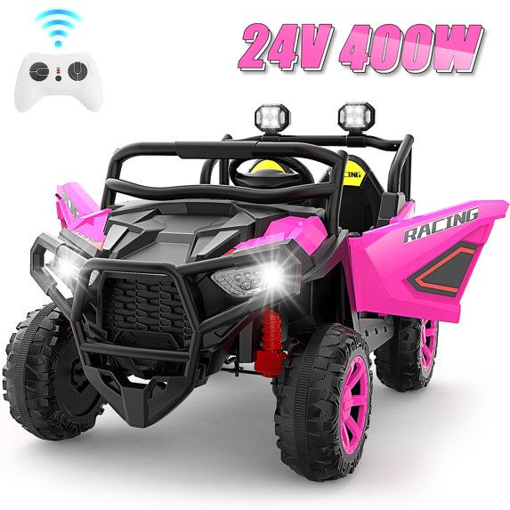 Farmdex 24V 2-Seater Ride on toys with Remote Control, 400W Powerful Electric Car Ride on Cars, Ride on UTV w/ Bluetooth, MP3, Volume Control, Seat Belts, Spring Suspension, Rose Red