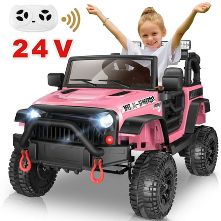 Farmdex 24V Ride on Toys, Battery Powered Ride on Cars with Remote Control, Electric Ride on Truck Car for Kids, 400W Power Cars Wheels w/ Bluetooth, Music, Seat Belts, Spring Suspension, Pink
