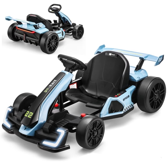 Funcid 24V 7AH Go Kart for Kids, 300W Powered Ride on Toys for 6+, Racing Go Kart with Drift/Sport Mode for Outdoor, High-Low Speed 4-8MPH, Length Adjustale Ride on Car, EVA Wheels, Bluetooth, Blue
