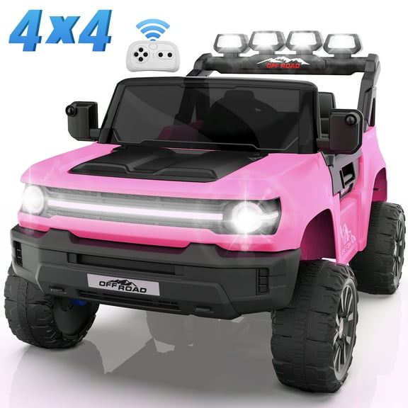 Farmdex 24V Ride on Toys with Remote Control, 2 XL Seater Electric Truck Car for Kids w/ 22'' Large Seat, 4WD/2WD Switchable, Powered Ride on Cars w/ Bluetooth, LED Lights, 3 Speeds, 4 x 200W, Pink