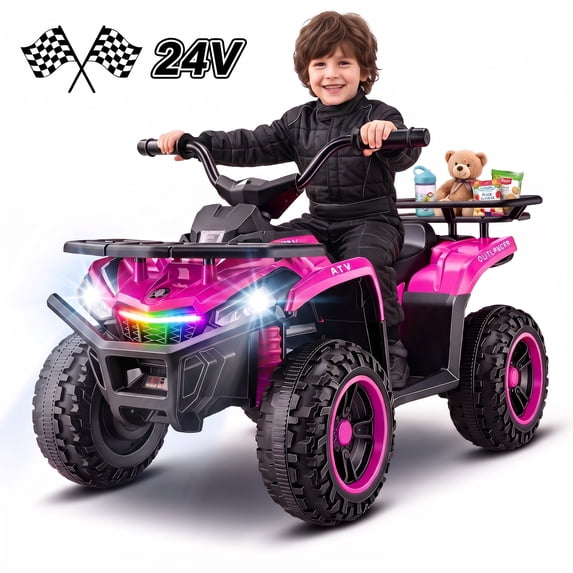Farmdex 24V Ride on Cars, Four Wheeler Electric Ride on ATV for Kids 3-6, 200W Powered Ride on Toys w/ Big Storage Basket, RGB Light Bar, Music, Max Speed 3.1MPH, Best Gift, Rose Red