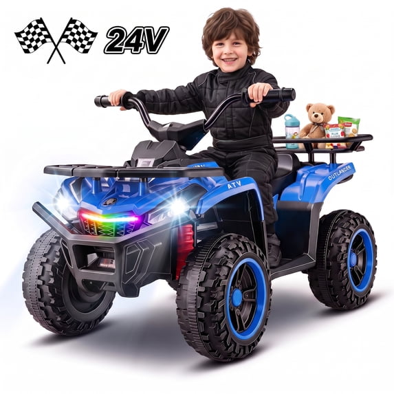 Farmdex 24V Ride on Cars, Four Wheeler Electric Ride on ATV for Kids 3-6, 200W Powered Ride on Toys w/ Big Storage Basket, RGB Light Bar, Music, Max Speed 3.1MPH, Best Gift, Blue